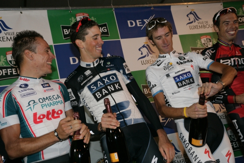 Philippe Gilbert (OME)<br />Laurent Didier (SAX) <br />Andy Schleck (SAX)<br />Alessandro Ballan (BMC)